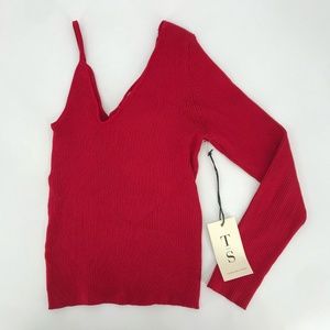 Twine and String One Shoulder Ribbed Long Sleeve Red Size Large